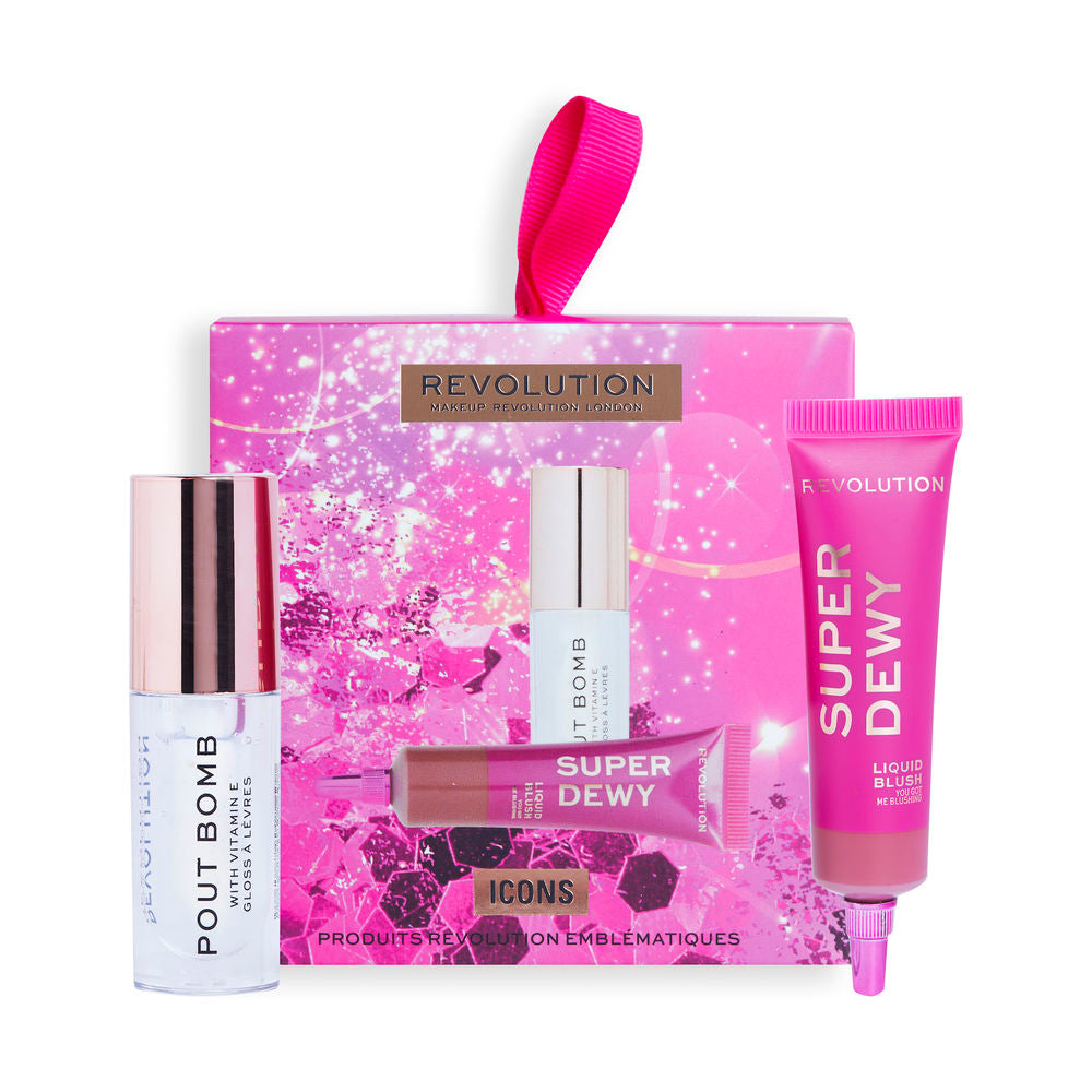 Revolution Make Up Festive pink lip gloss and liquid blush set in plastic tubes with glossy finish and ribbon handle