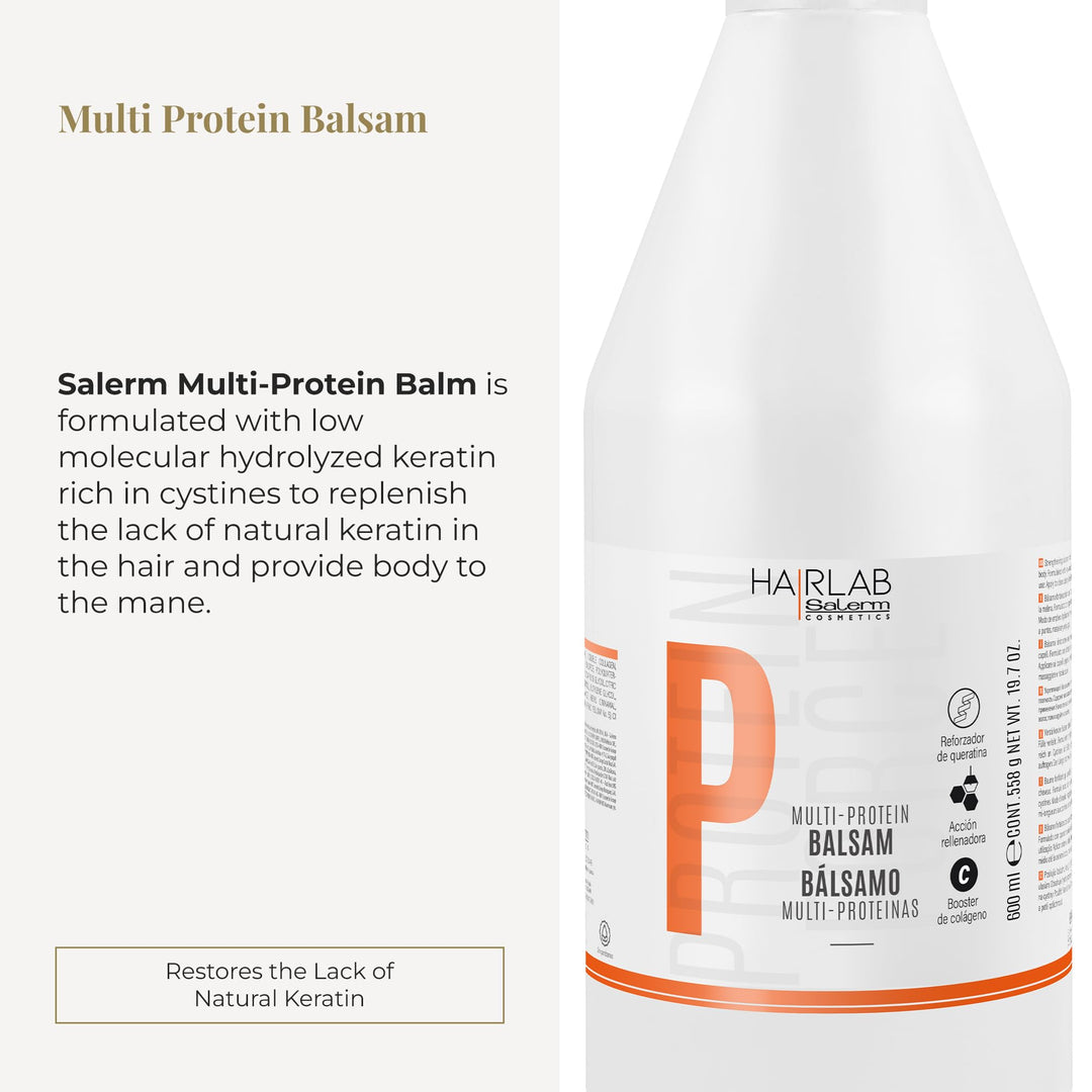 600 ml tube of multi-protein strengthening hair balm for damaged hair, neutral cream texture