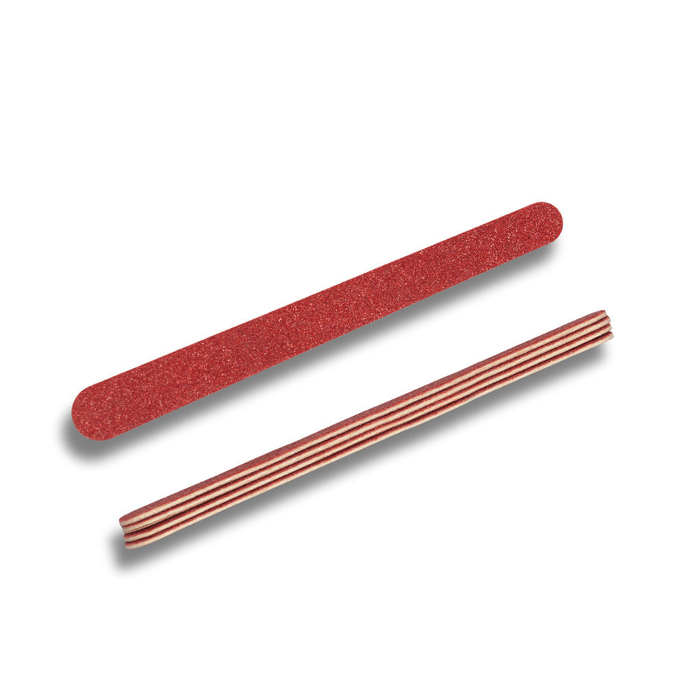 Four dual‑sided corundum nail files, red coarse and white fine faces visible