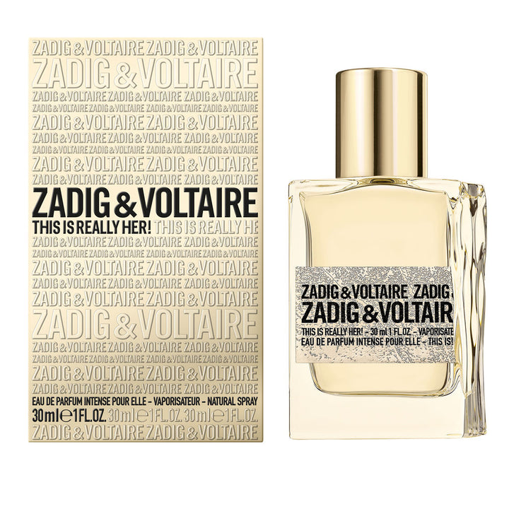Gold metallic-finish perfume bottle and outer packaging, 30 ml