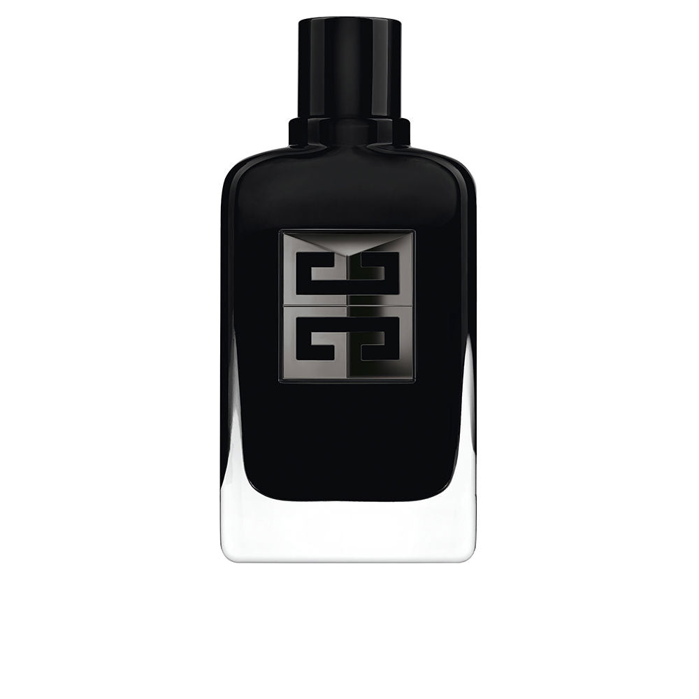 Givenchy Black glass perfume bottle with rectangular shape, metallic logo plaque, glossy finish, rounded edges