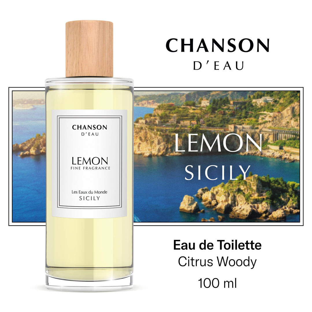 Clear 100 ml perfume bottle with yellow citrus fragrance, minimalist label