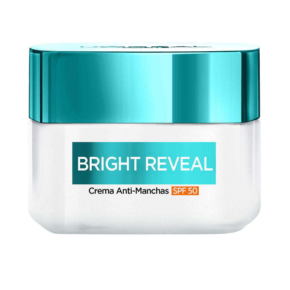 White and turquoise rectangular plastic jar with metallic turquoise lid, printed label showing SPF 50, L'Oréal Paris