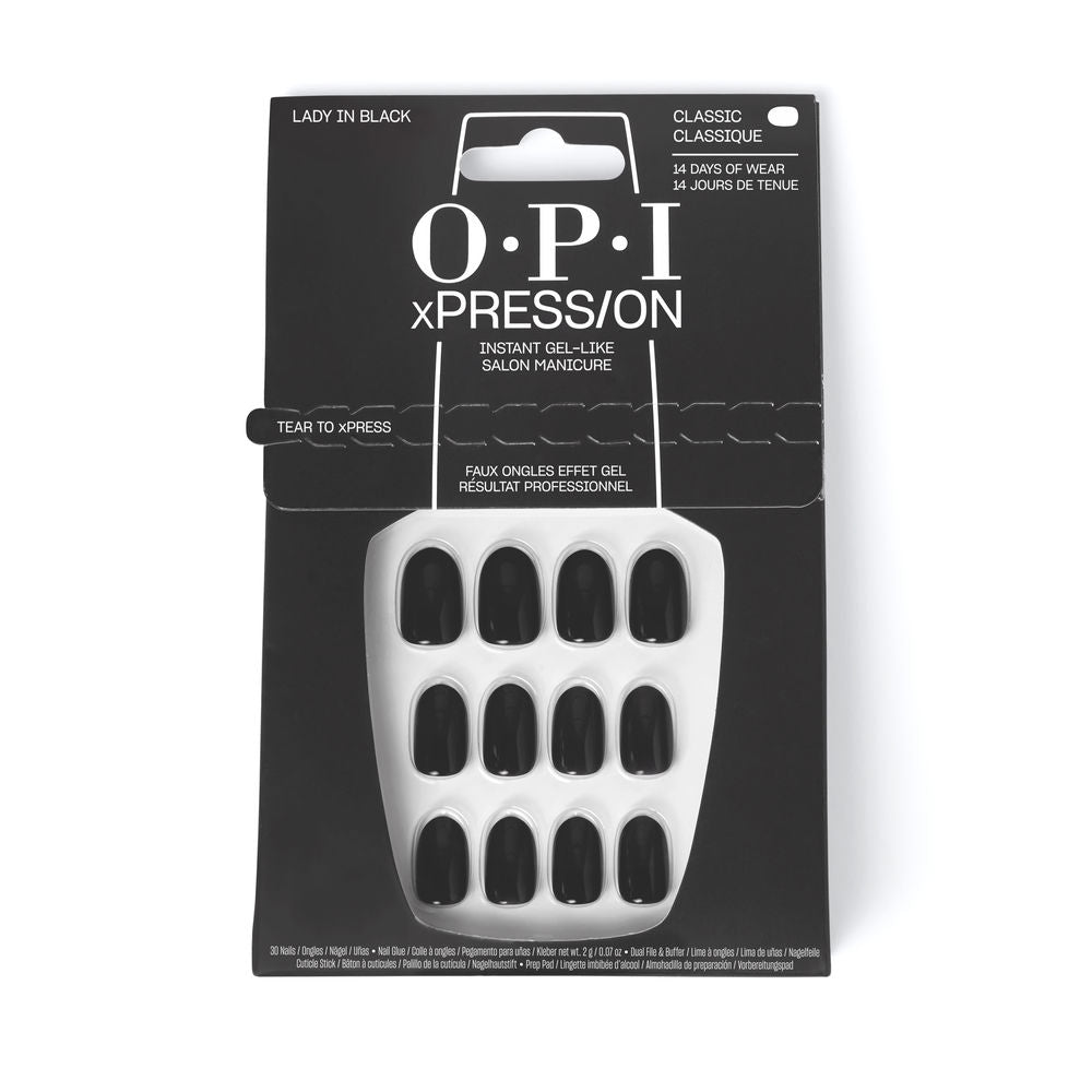 Boxed set of 30 black press‑on nails with adhesive, prep wipe and tools