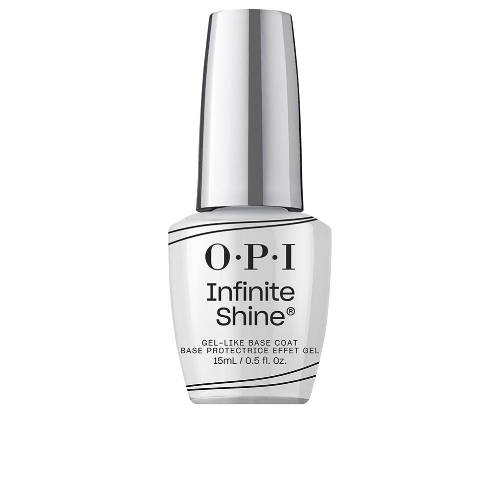 Opi Silver plastic nail polish base coat bottle with cap, labeled text and linear graphic details