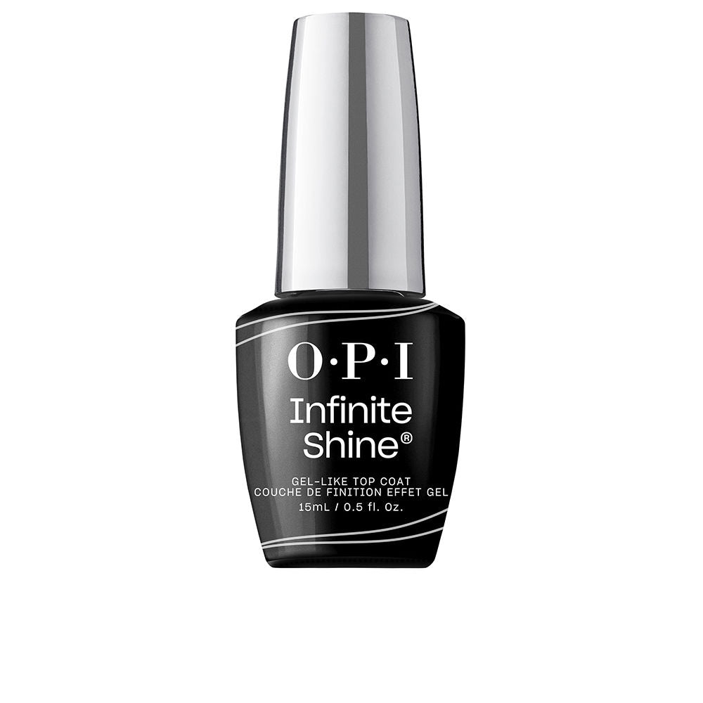 Opi Infinite Shine gel-effect top coat bottle with glossy black cap and clear glass showing transparent polish