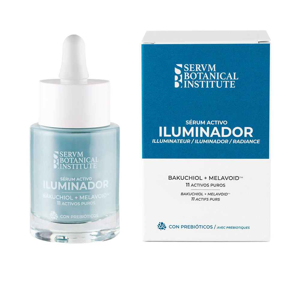 Servm Botanical Institute Minimalist glass serum bottle with white plastic dropper, light blue label and matching box