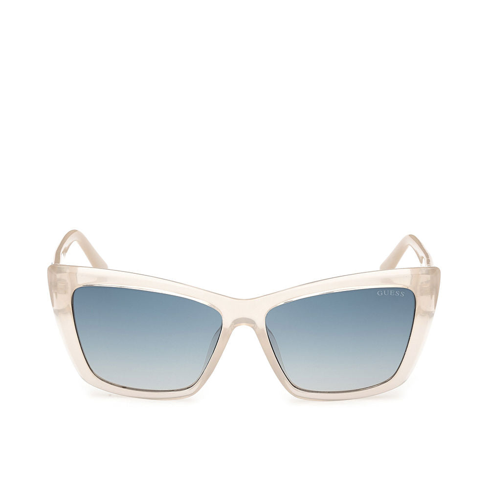 Transparent beige plastic cat-eye sunglasses with blue gradient lenses and slim temples, Guess