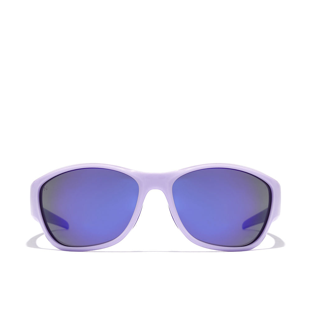 Light purple plastic rectangular sunglasses with blue tinted curved lenses, wrap-around sporty silhouette, Hawkers