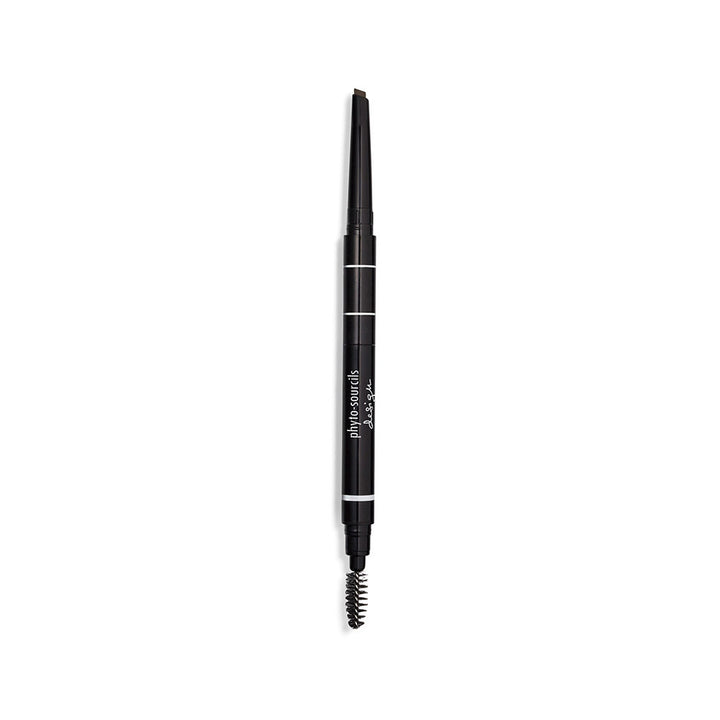 Compact eyebrow tool with triangular pencil, spoolie and under-arch highlighter sponge
