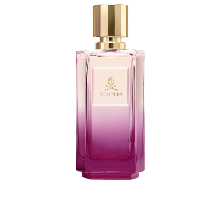 Glass rectangular perfume bottle in pink gradient with gold cap, skull and crossbones logo, modern elegance by Scalpers