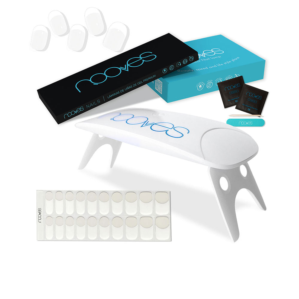 Nooves gel nail sheets and compact UV/LED lamp displayed for home manicure