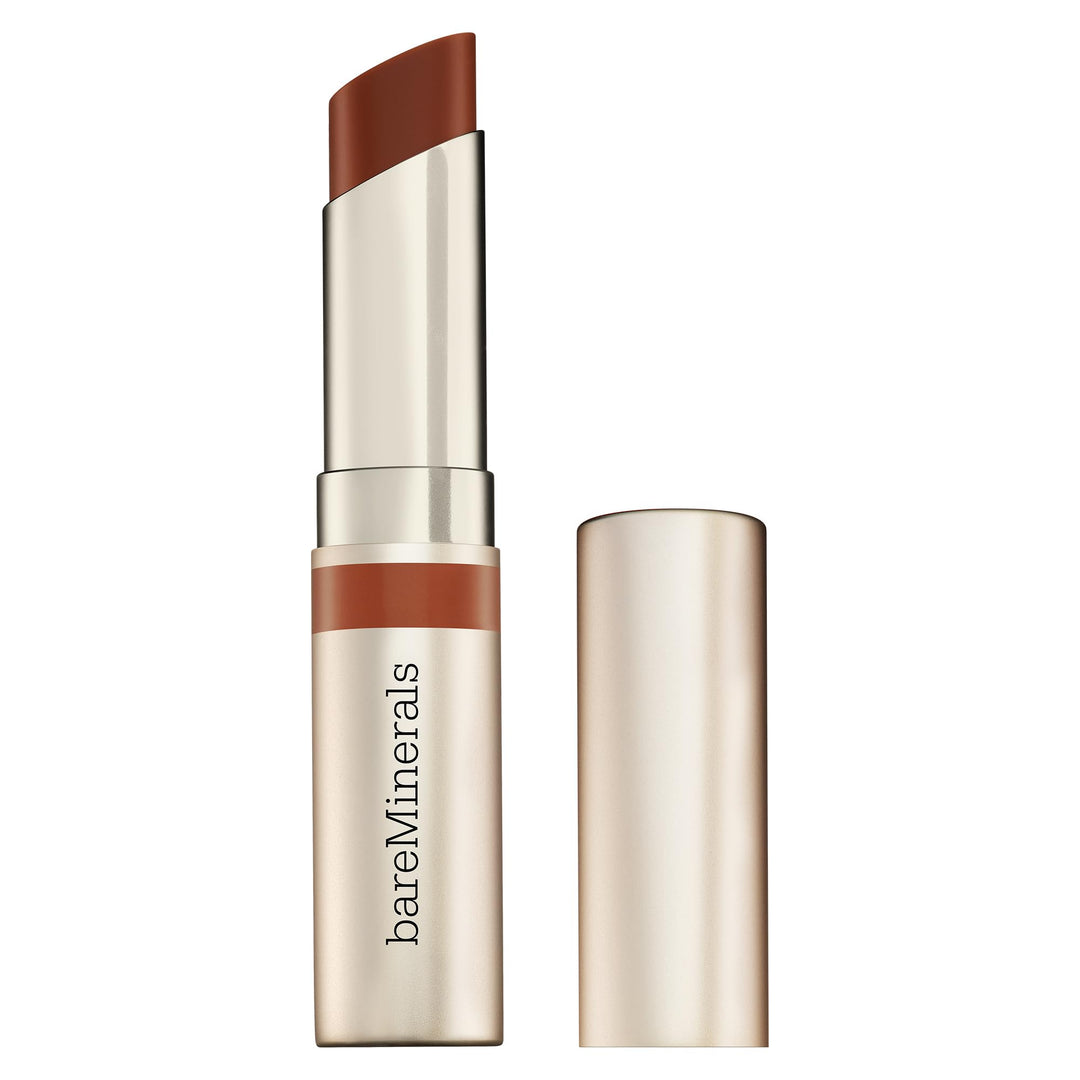 Bare Minerals hydrating satin lip gloss in clear tube with doe-foot applicator showing glossy, sheer finish
