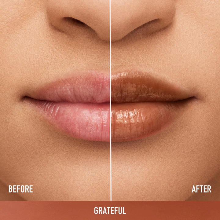 Bare Minerals hydrating satin lip gloss in clear tube with doe-foot applicator showing glossy, sheer finish