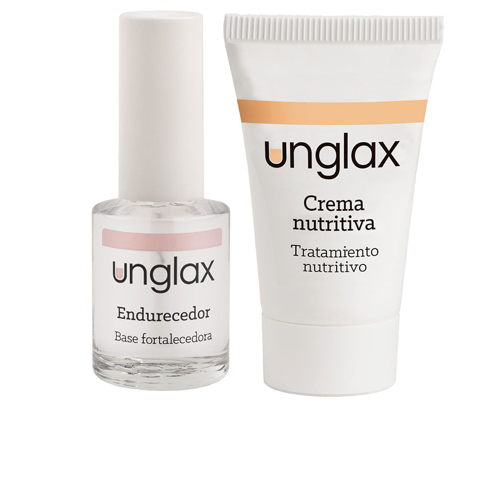 Unglax White and light pink glass bottle and plastic tube with screw cap, minimalist text and logo visible