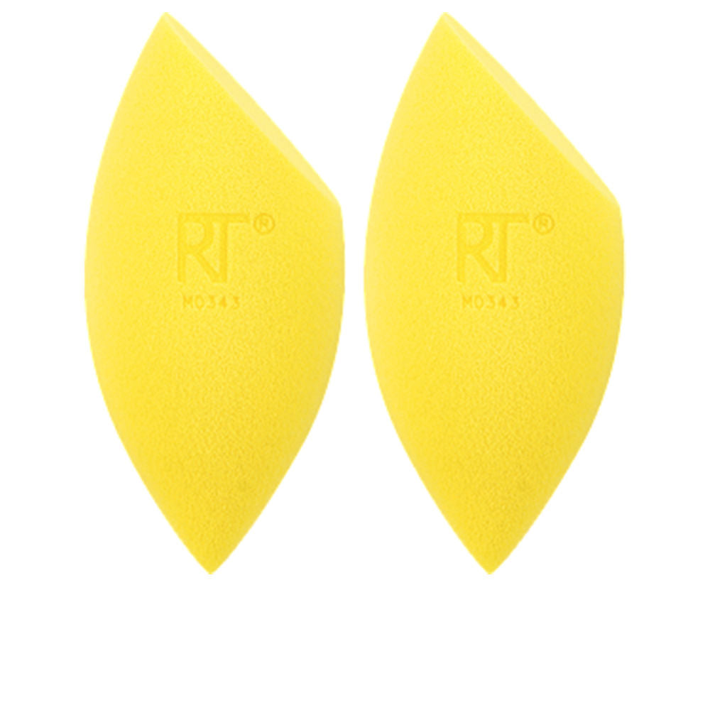 Yellow foam dual-tip makeup sponge with pointed ends, curved sides, textured surface, Real Techniques