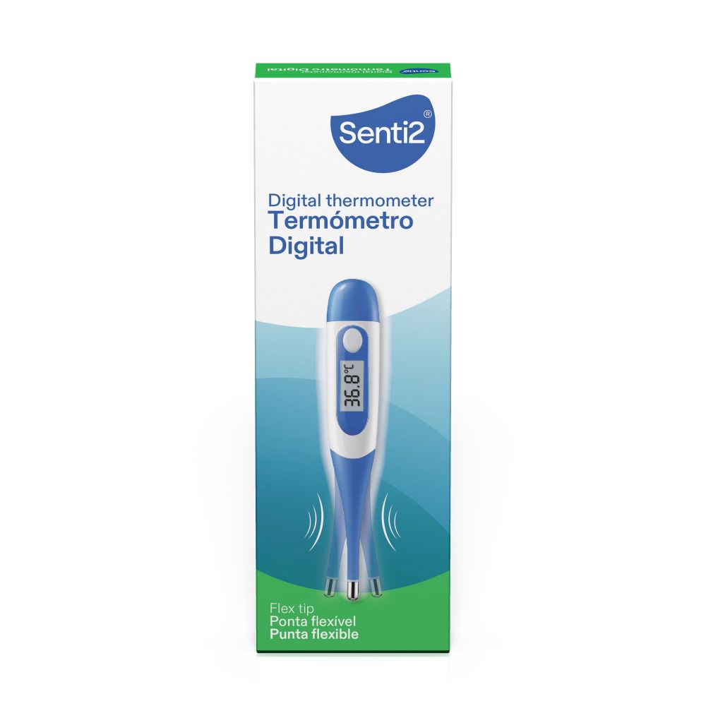 Senti2 Blue, white, and green digital thermometer with silicone flex tip and clear LCD display, precise readout