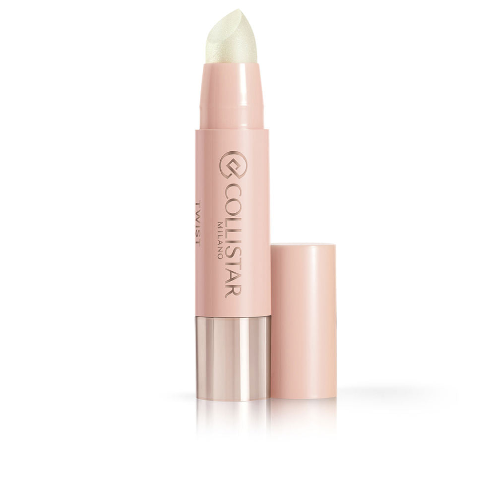 Sleek plastic cosmetic stick in light pink, white and metallic silver with twist-up mechanism and removable cap, Collistar