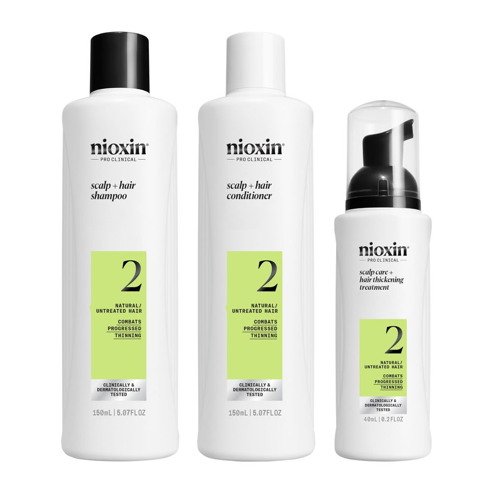 Three hair-care bottles: shampoo, conditioner and leave-in treatment, System 2, Unisex