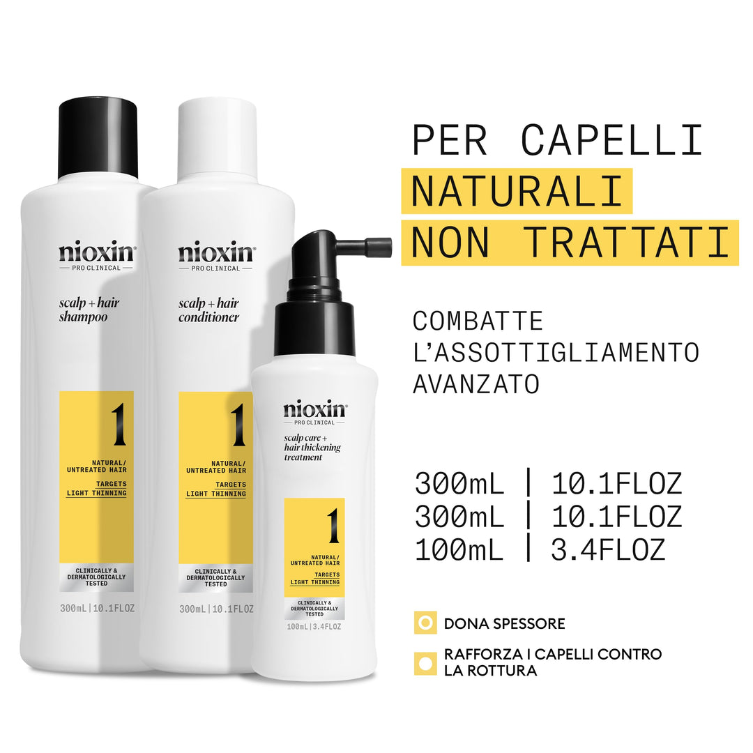 Three scalp-care bottles set: shampoo, conditioner and leave-in treatment, Unisex system