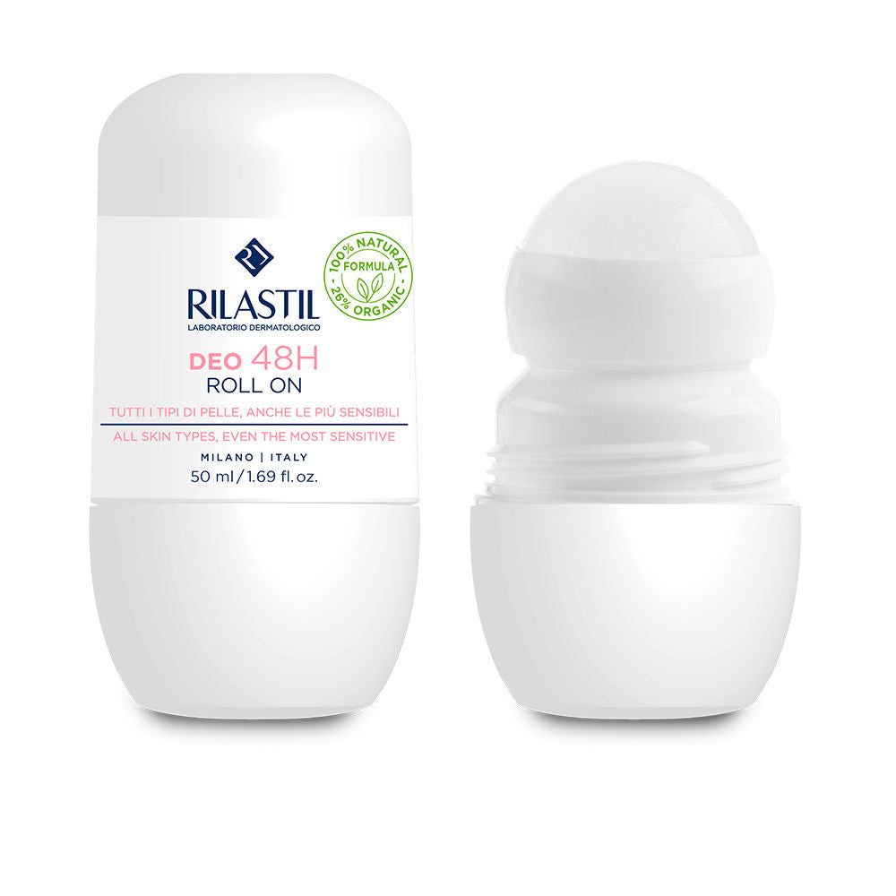 Rilastil roll-on deodorant bottle, 48-hour protection, clean white packaging