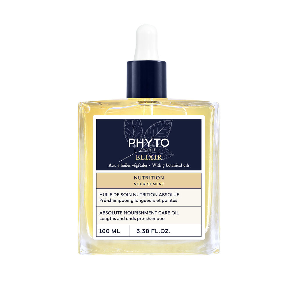 Clear glass bottle of golden hair oil, labelled; 100 ml, seven botanical oils