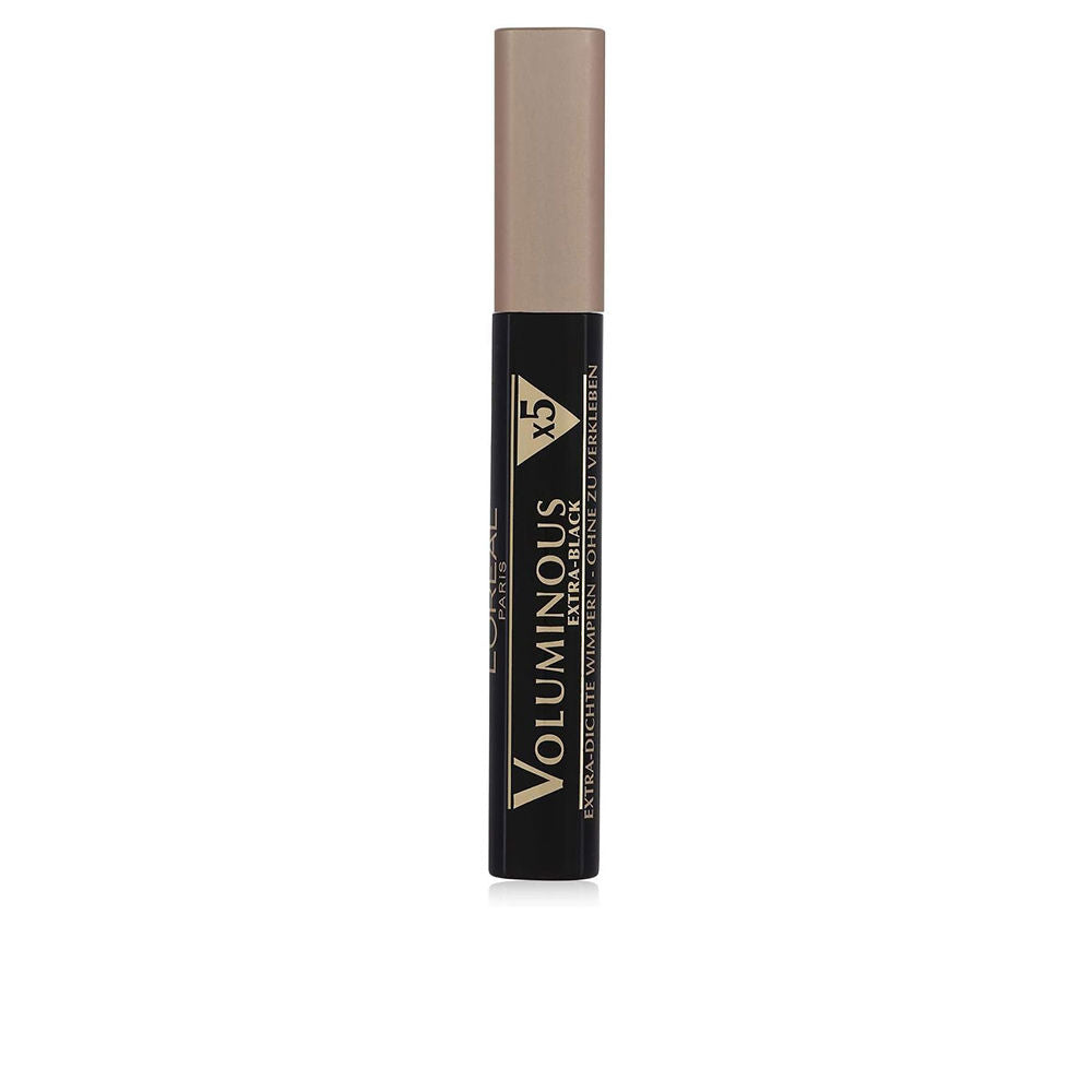 L'Oréal Paris Black and beige cylindrical mascara tube with matte cap, printed text, and wand coated in black.