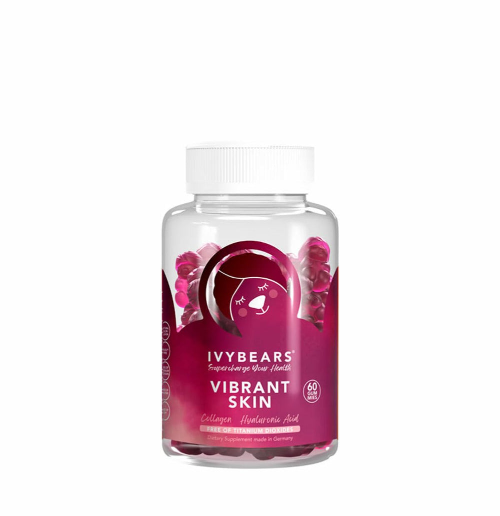 Ivybears Purple transparent plastic supplement bottle with white screw cap, bear logo and visible gummies