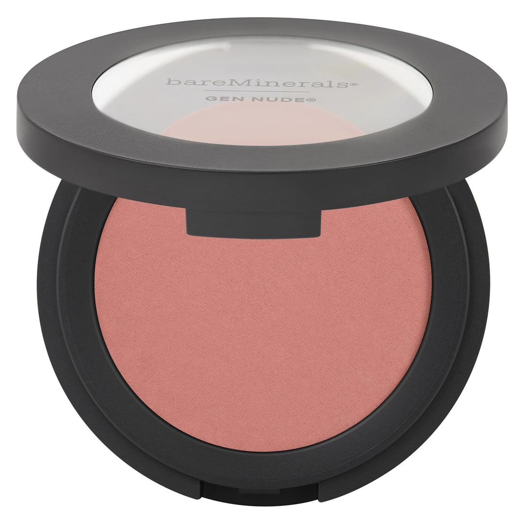 Bare Minerals Compact powder blush in neutral nude shade with soft matte finish, slim round compact