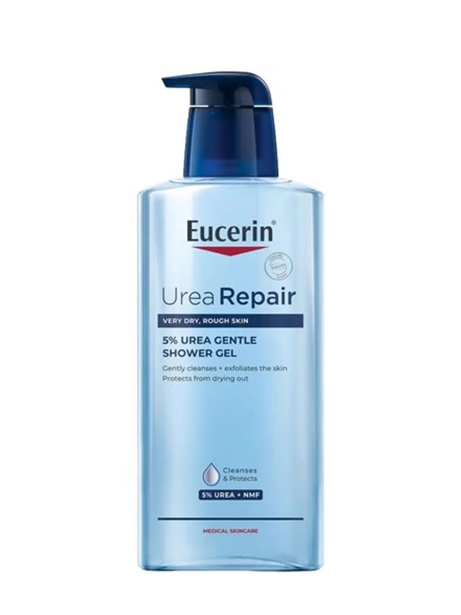 Eucerin bottle of UreaRepair gentle shower gel, white plastic bottle with blue cap and clear label