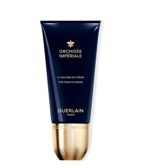 Guerlain Cream-to-foam facial cleanser in rounded jar, orchid motif label, soft pearly finish