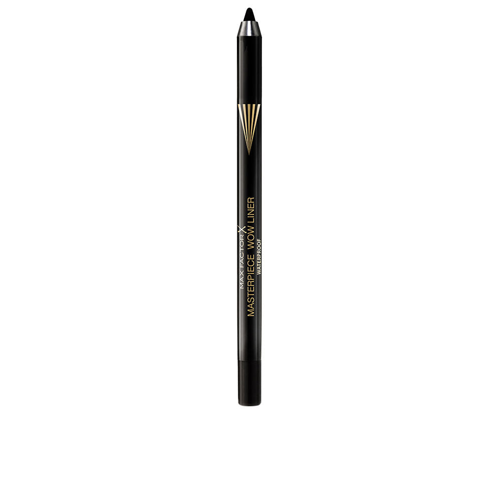 Black eyeliner pencil with pointed tip, slim cylindrical body and gold text detailing, Max Factor