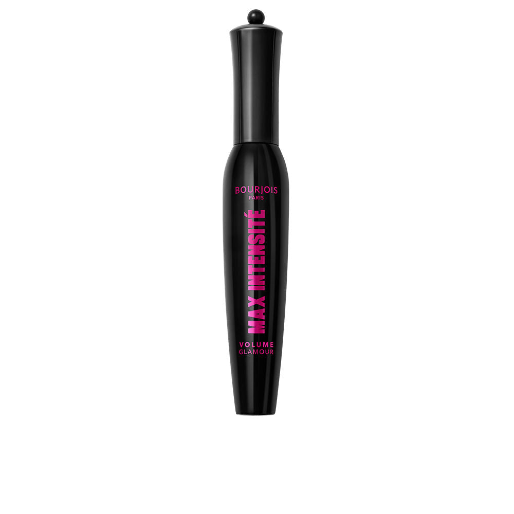 Black mascara in curved glossy bottle with pink vertical text and rounded cap with ball top, Bourjois