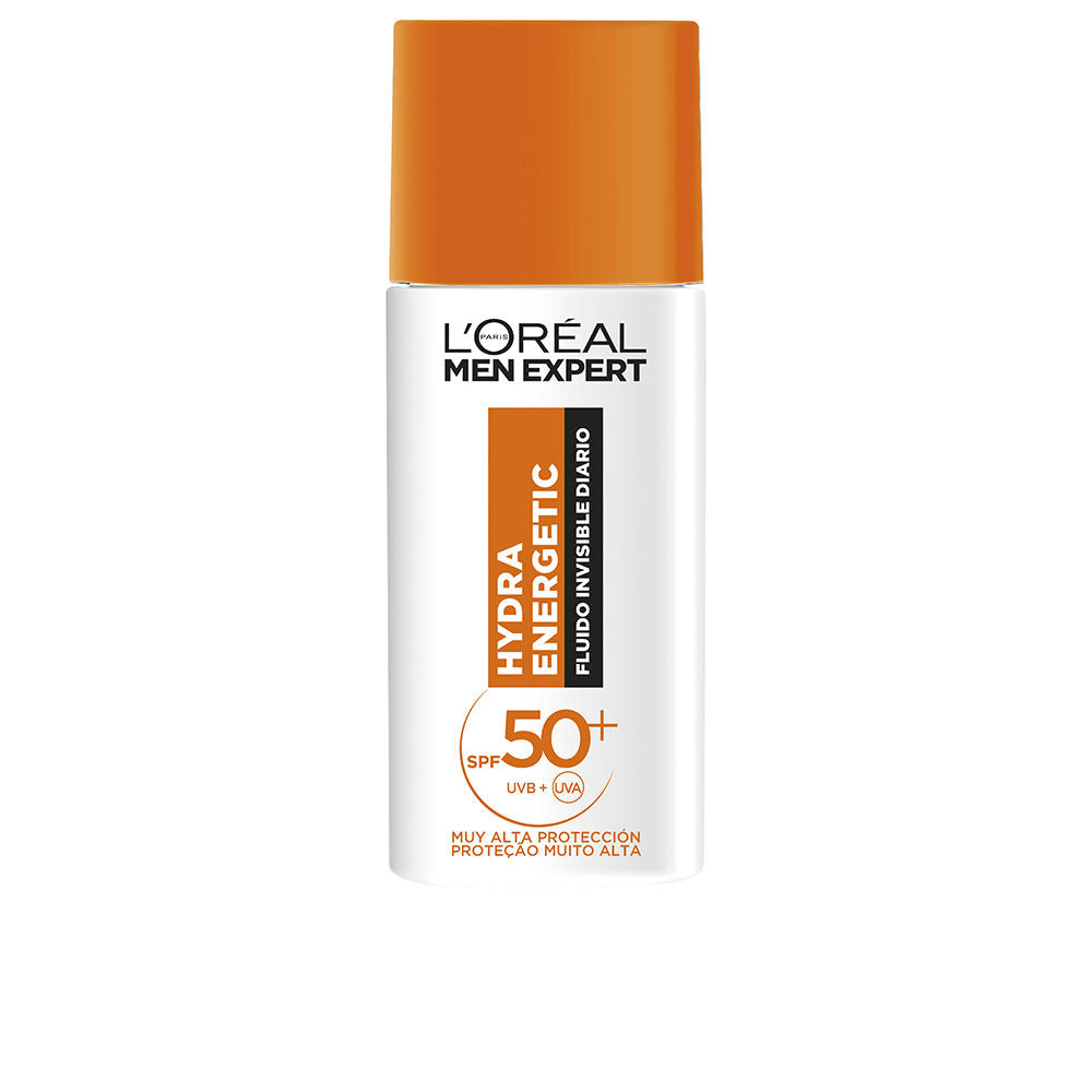 L'Oréal Paris White and orange cylindrical plastic sunscreen lotion bottle with cap and labeled text, presented