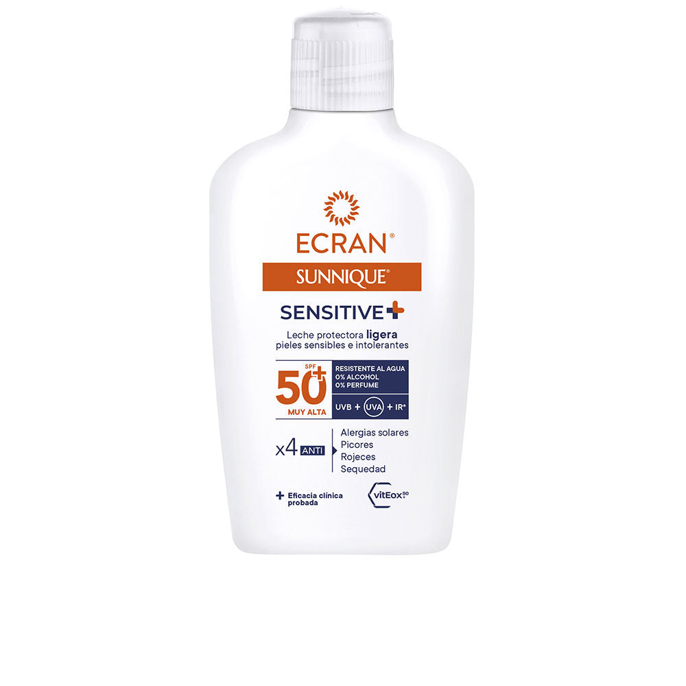 Ecran Sunnique SPF 50+ sunscreen milk bottle, lightweight white pump, clear minimalist labeling