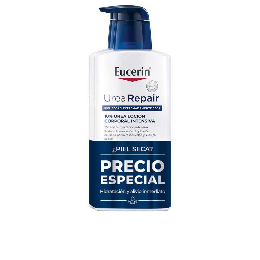 Eucerin White and dark blue rectangular plastic lotion bottle with pump dispenser and printed label