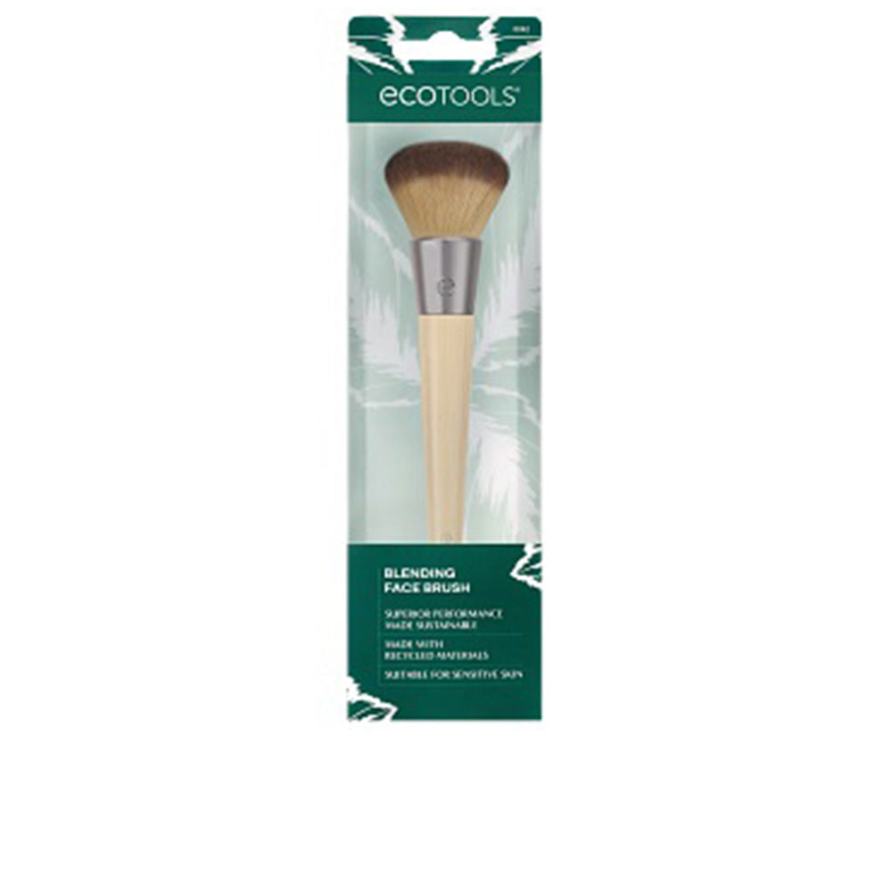 Beige wooden-handle blending face brush with soft synthetic bristles, metal ferrule, green-accented packaging — Ecotools