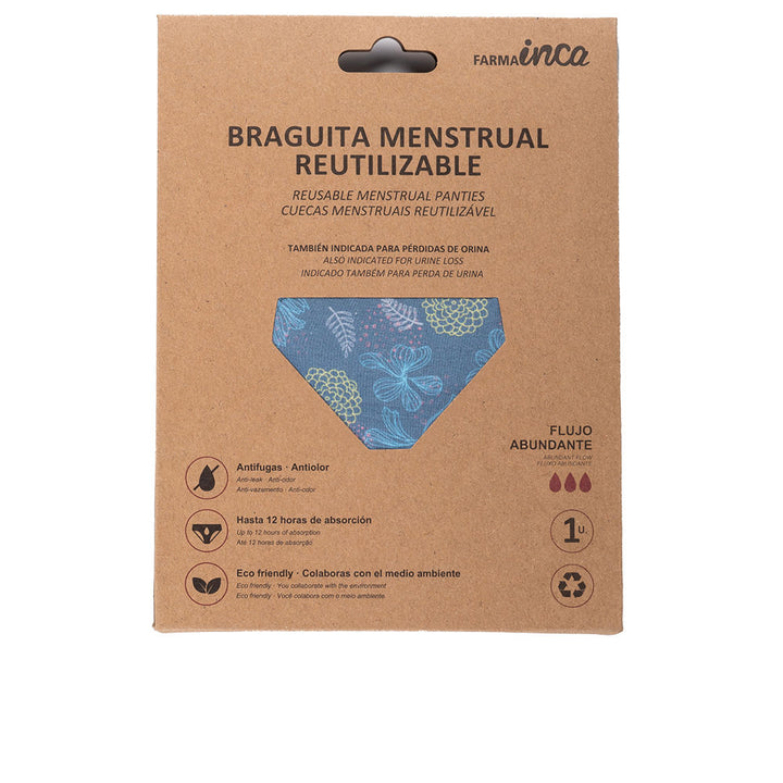 Blue printed reusable menstrual briefs, medium size, elastic trim, absorbent panel