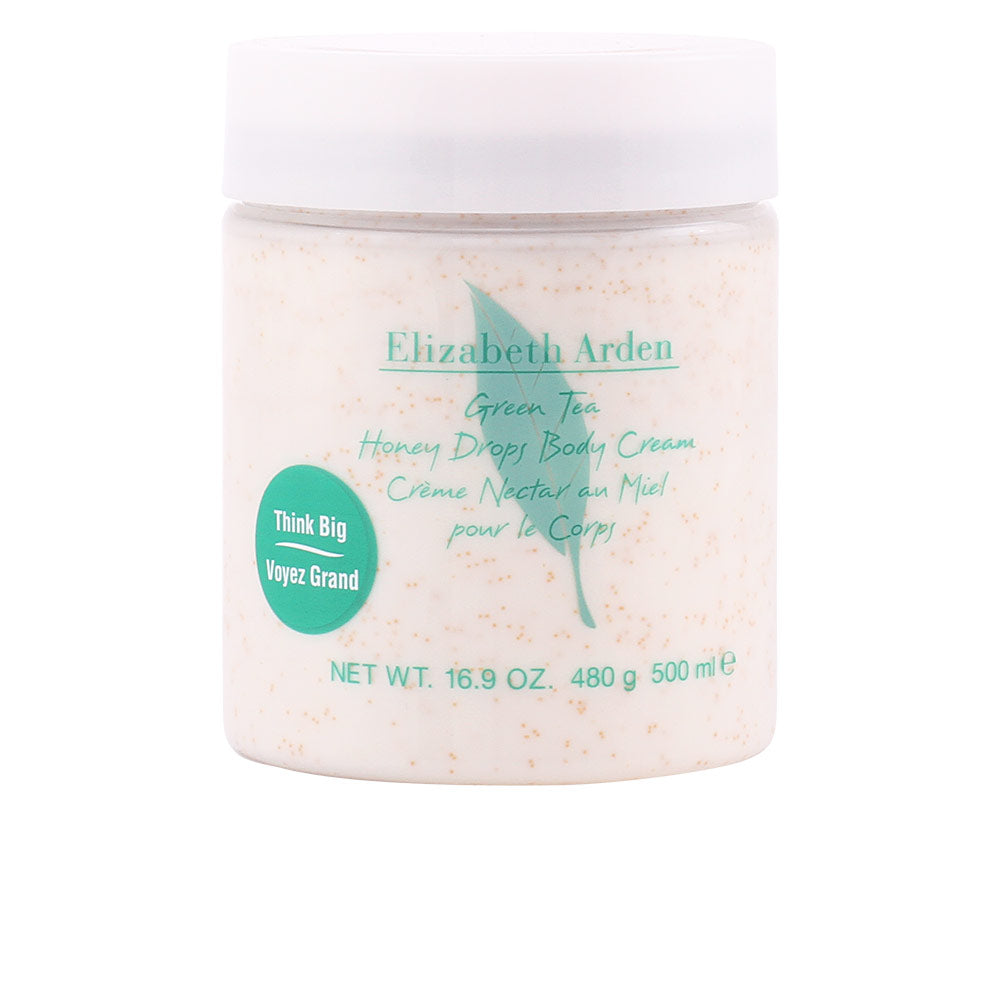 500 ml jar of green tea honey body cream, silky texture, light green packaging