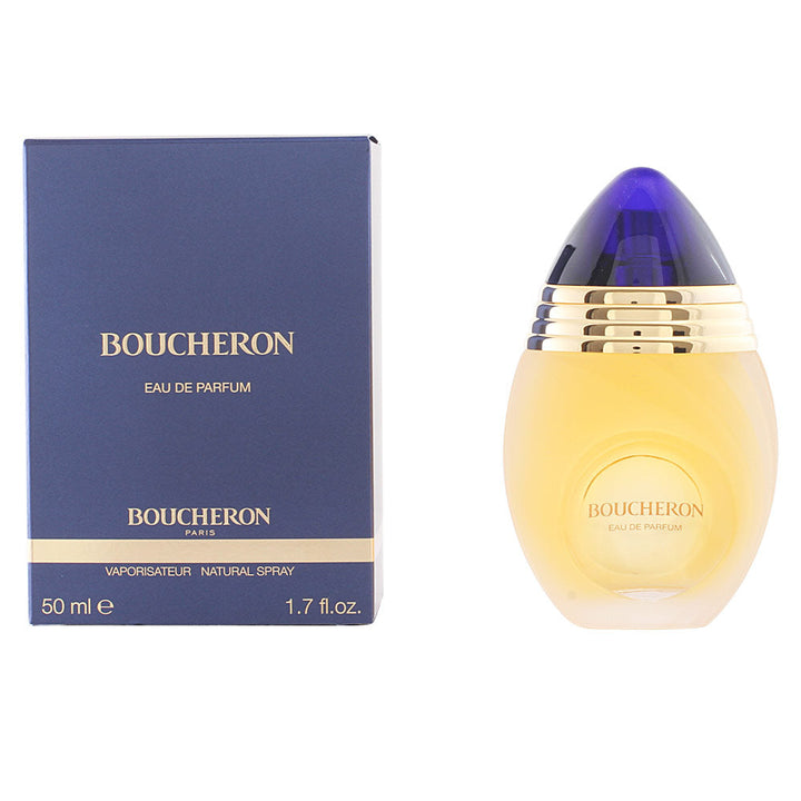 Clear 100 ml floral eau de parfum bottle; polished gold-finish cap, elegant silhouette