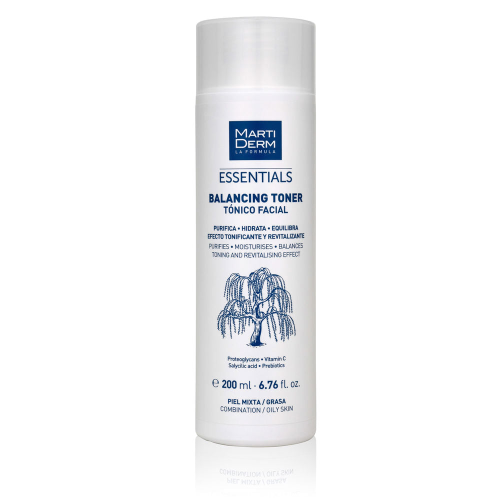 Martiderm white plastic balancing toner bottle with blue text, flip-top cap, minimalist tree illustration.