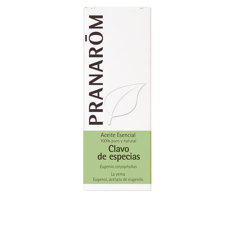 Pranarôm Minimalist rectangular cardboard essential oil box, white and light green two-tone with vertical brand name text, leaf outline graphic, Spanish text visible