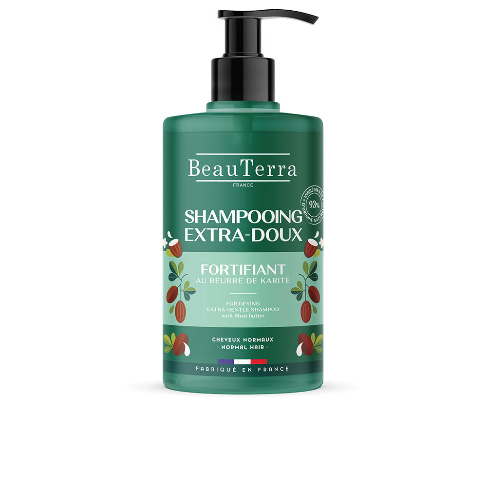 750 ml clear shampoo bottle with pale cream liquid, shea and keratin