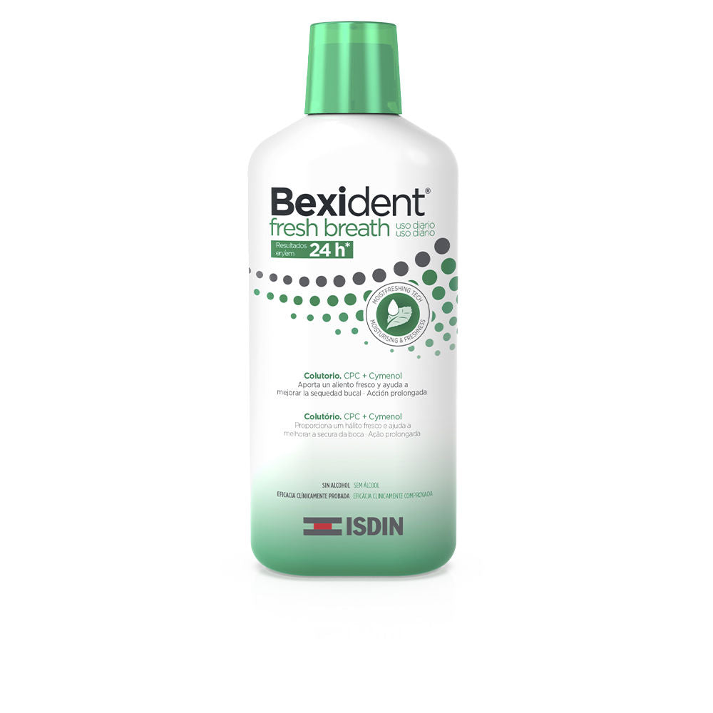 Rounded rectangular plastic mouthwash bottle with green cap, gradient green dots and printed text, brand Isdin.