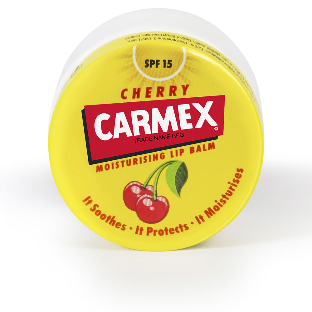 Cherry-flavored Carmex lip balm tube with SPF 15, moisturizing lip protection