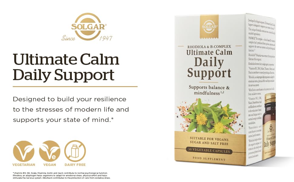 Bottle of Solgar Ultimate Calma Diaria capsules for daily stress support, vegan formula.