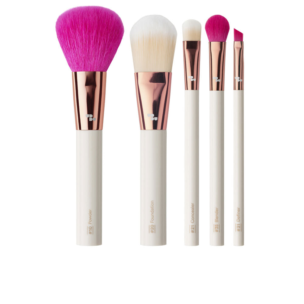 Ubu - Urban Beauty United Five-piece modern brush set with white handles, rose-gold ferrules, two-tone pink-and-white synthetic bristles