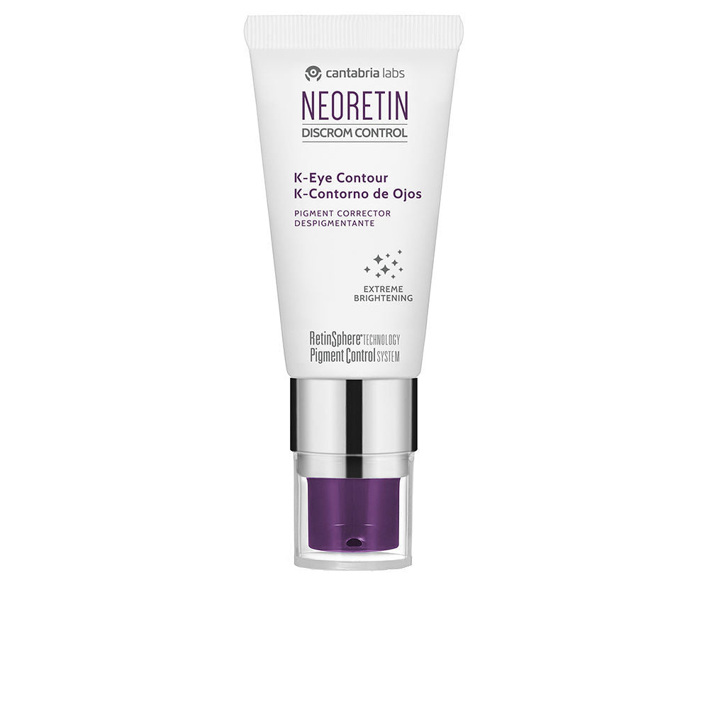 Small jar of Neoretin Discrom Control K eye cream on neutral background, open lid