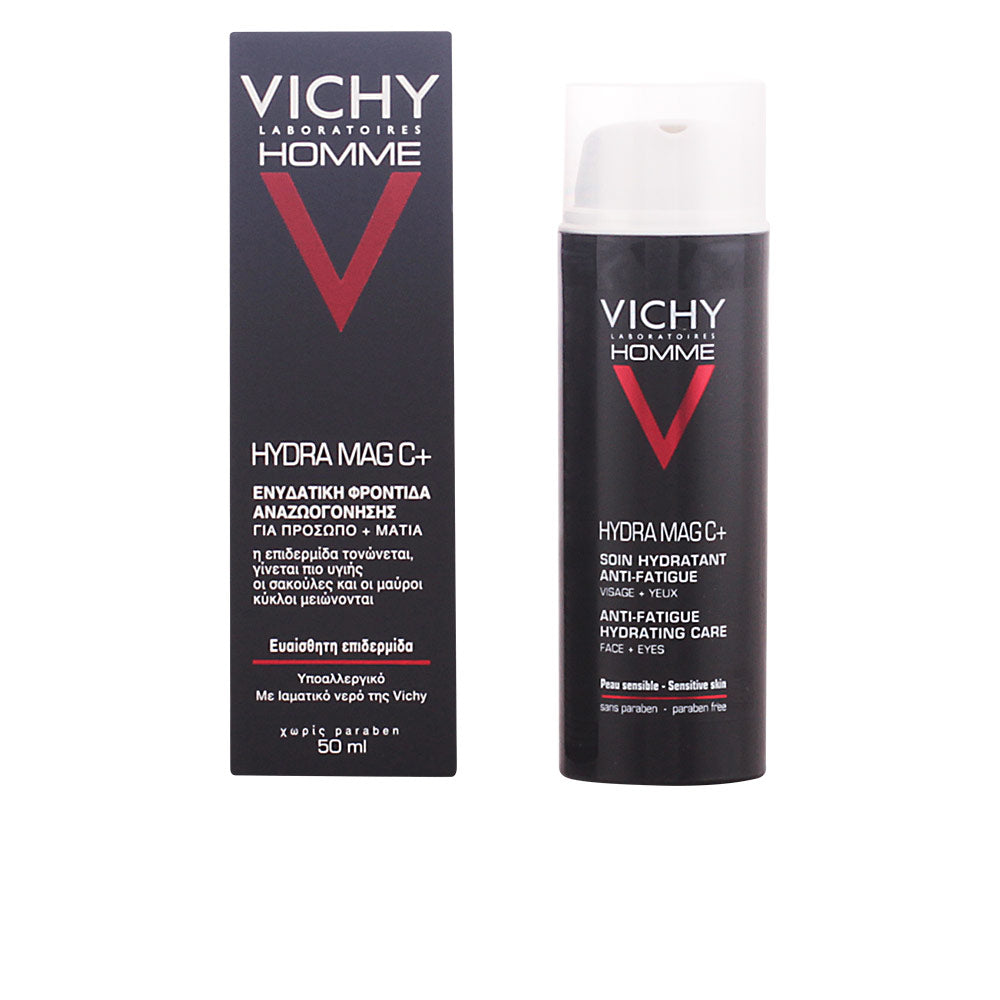 Vichy Sleek black, white, and red plastic pump bottle with accompanying cardboard box, minimalist modern design