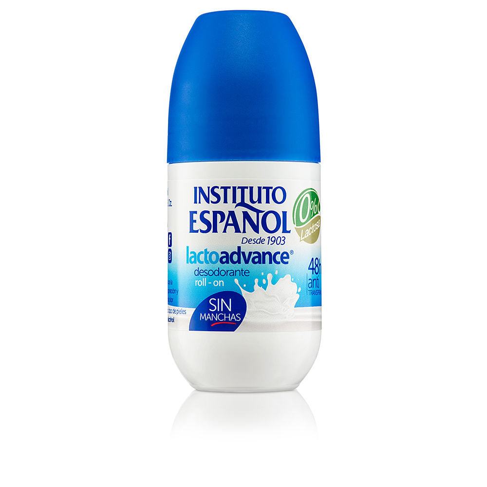 Instituto Español Blue-capped white plastic roll-on deodorant bottle with printed label and milk-splash graphic, Instituto Espa 1ol